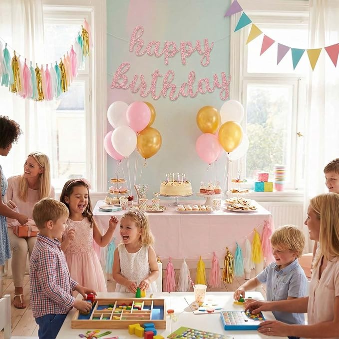 Glitter Happy Birthday Banner Sign, Reusable Birthday Celebration Garland Hanging Decorations, Wall Backdrop Banners DIY Party Supplies for Girls, Women (Rose Gold)
