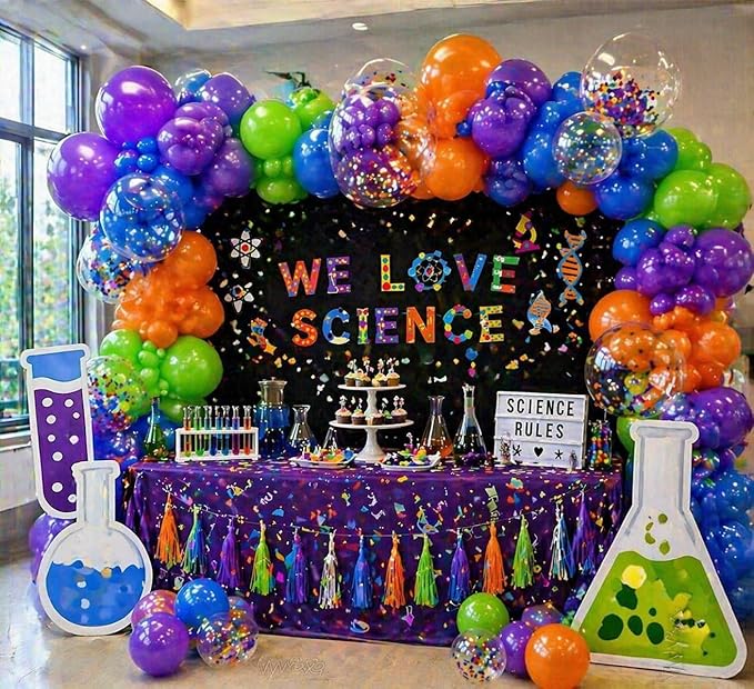 141PCS Science Party Decorations, Banner, Rainbow Balloon Arch Garland Kit for Lab Week, Mad Science Fun, Scientist Students Schoool Educational Theme Subject, Happy Pi Day Birthday Party