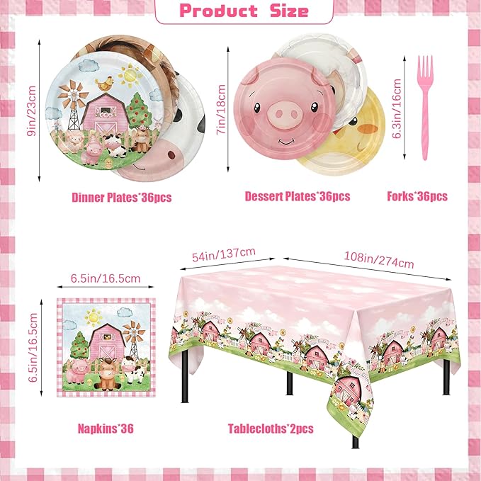 Farm Animals Party Supplies for 36 Guests, 146PCS Disposable Party Tableware Set with Paper Plates, Napkins, Forks and Tablecloths for Kids Birthday Party and Baby Shower