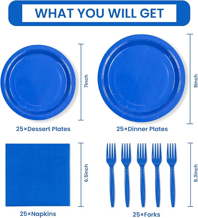 100PCS Blue Paper Plates Disposable Party Tableware Set Includes 7in & 9in Paper Plates Napkins and Forks Party Decoration Supplies for Birthday Graduation Wedding and Holiday, Serve 25