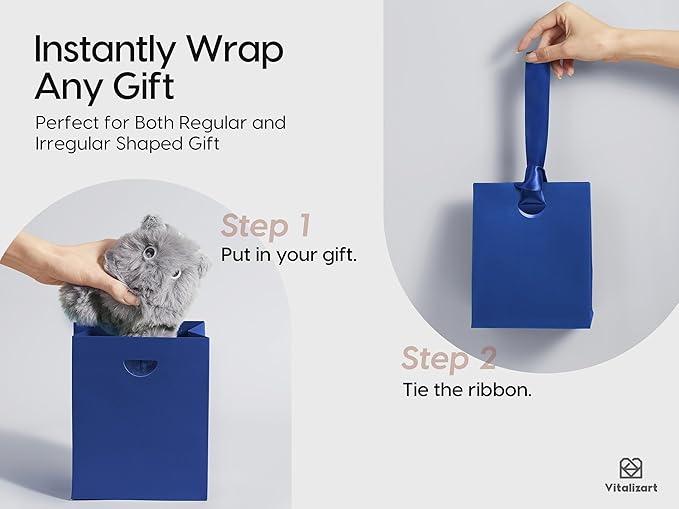 Vitalizart Paper Gift Bags With Ribbon Handles Set of 10 Blue Bulk Reusable For Gift Wrap Girls Kids Birthday Bridal Shower Party Favors Goodie Bags Candy Christmas 5.91"x3.54"x7.28" Small
