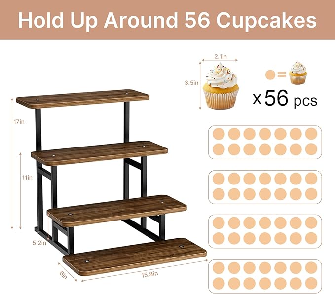 Cupcake Stand for 50 Cupcakes 4 Tiered Tray Stand for Food Cookie Wooden Dessert Display Risers for Party Wedding Buffet Stepped Risers Display Stands for Vendor Farmers Market Display, Walnut