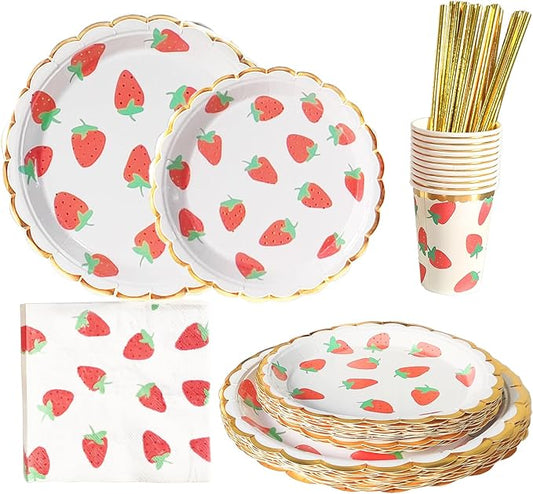 MaitianGuyou Strawberry Theme Party Tableware Set,Baby Shower Dinnerware Decoration Supplies Including Plates,Napkins,Cups and Straws for Fruit Party,Wedding,Birthday - Serve 20 Guests