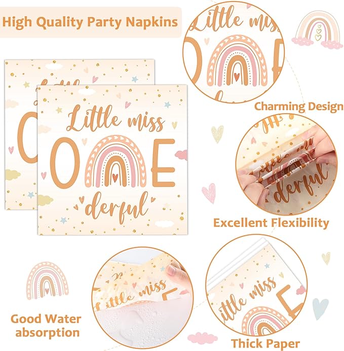 96Pcs Boho Rainbow Party 1st Decorations Miss Little One Derful 1st Themed Tableware Rainbow First Trip Birthday Plates Napkins Forks Onederful Dinnerware Supplies for Baby Shower Birthday Serves 24