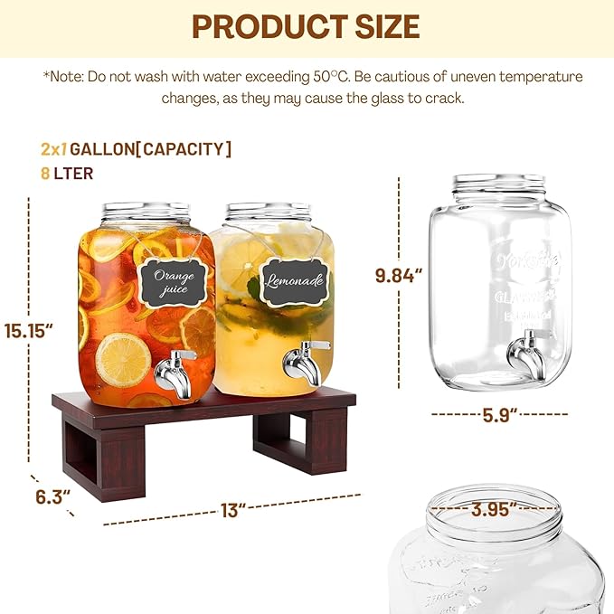 2PCS Large Glass Drink Dispensers for Parties, Glass Beverage Dispenser with Solid Wood Stand, Lemonade Dispenser with Stainless Steel Spigot & Filter for Juice, Sun Tea, Punch, Ideal for Parties