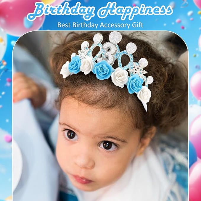 CUBACO 3rd Birthday Crown Headband and Sash, 3 Year Old Girl Birthday Gift for Blue Princess Crown, Frozen Party Decorations Favors for Girls Outfit