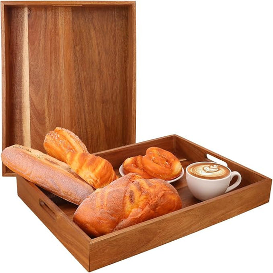 2 Pack 17 x 13 Inch Rectangular Acacia Wood Serving Tray with Handles,Decorative Rectangular Wooden Tray, Breakfast & Coffee Table Tray, Wooden Tray for Ottoman, Snack, Table, Couch and More