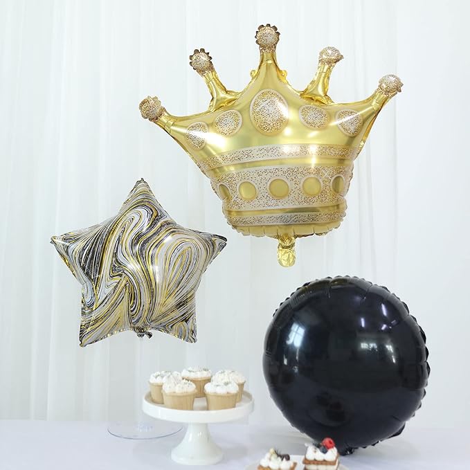 Tableclothsfactory Set of 6 | Gold/Black Marble Mylar Foil Party Balloon Set, Star, Round and Crown Balloon Bouquet with Ribbon, Party Decorations