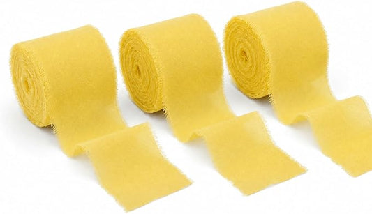 Handmade Chiffon Ribbon 1.5 Inch Wide, 3 Rolls 21 Yards, Frayed Edge Fabric Ribbon for Wedding Bouquets, Invitations & Gift Wrapping (Egg Yellow)