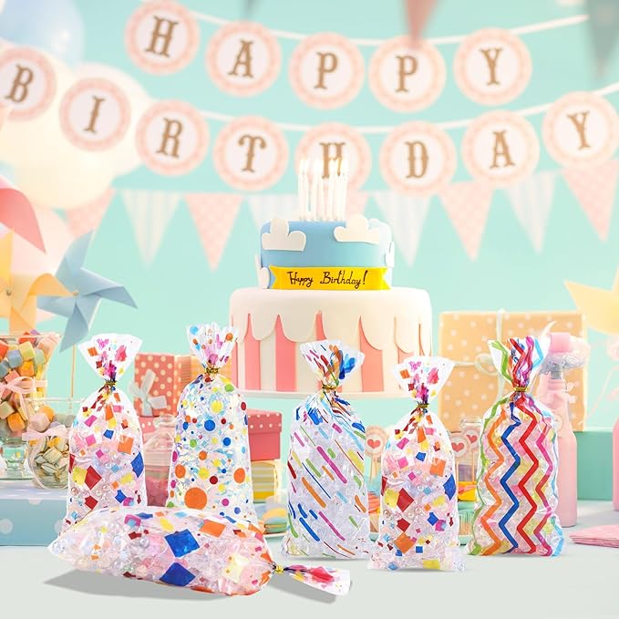 100 Pcs Rainbow Cellophane Bags 5 X 11 Inch Plastic Candy Gift Bag with Twist Ties for Valentine's Day and Birthday Favors Gift Cookie Weddings Packing Party Favor Supplies