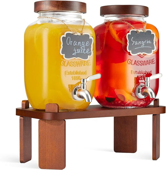 2PCS Large Drink Dispensers for Parties,Glass Beverage Dispenser with Wood Stand,Lemonade Drink Dispenser with Stainless Steel Spigot for Fridge,Water, Juice,Punch,Cocktails,Ice Tea & Sun Tea