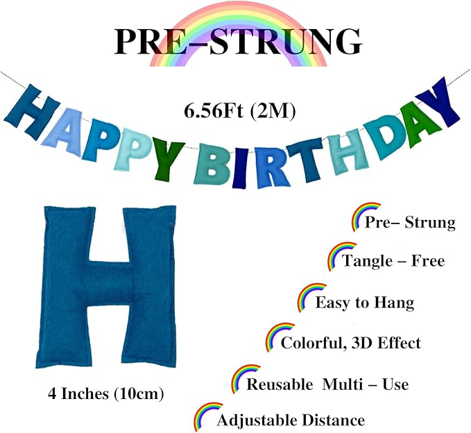 Pre-Strung Happy Birthday Banner - Felt Ball Garland, Rainbow Party Decorations, HAPPY BIRTHDAY Garland, Personalized Birthday Sign for Birthday Decor, Party Decor, Photo Prop (Blue Happy Birthday Banner)