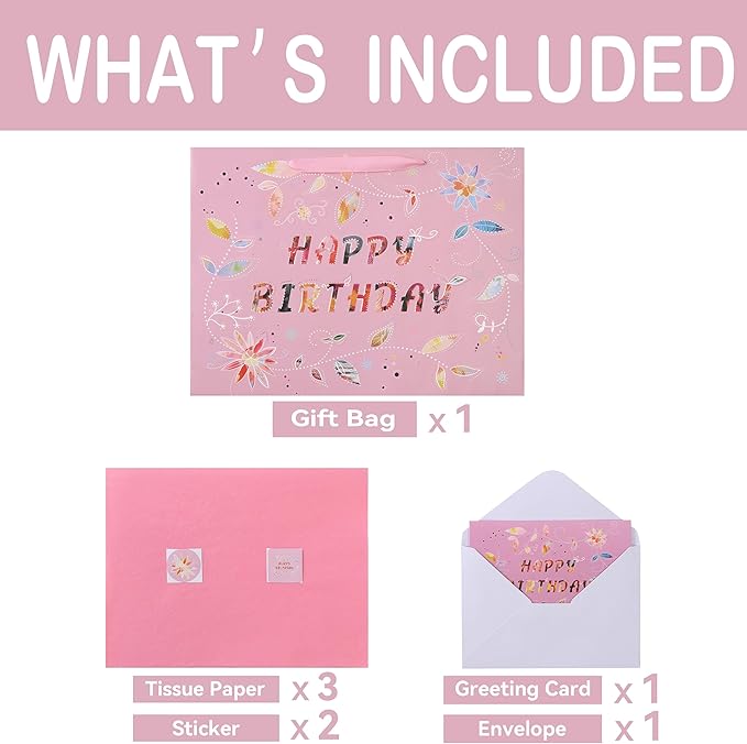 Qirrmiy 16.5” Extra Large Happy Birthday Gift Bag Set with Handles, Greeting Card, Tissue Papers and Stickers for Women Girls, Pink Floral Design, 1 Pcs