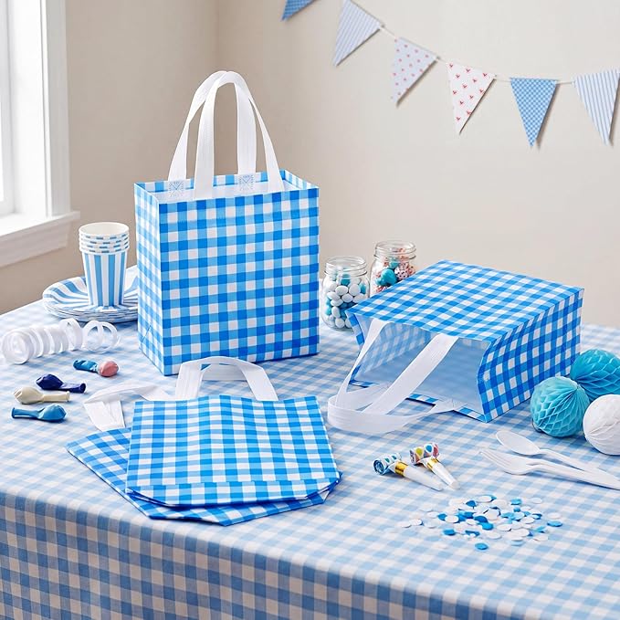 Sweetude 16 Pcs Dark Blue White Checkered Gift Bags with Handles Gingham Dark Blue and White Party Favors Non-woven Reusable Tote for Women Wedding Birthday Baby Shower Mother's Day Party Decorations