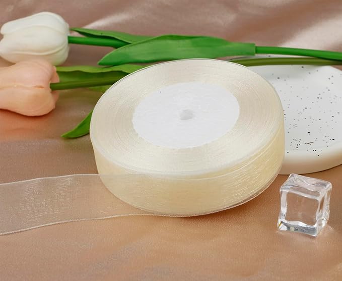 1 Inch 50 Yards Sheer Organza Ribbon Chiffon Ribbon for Gift Wrapping Wedding Bouquet Crafts (Beige)