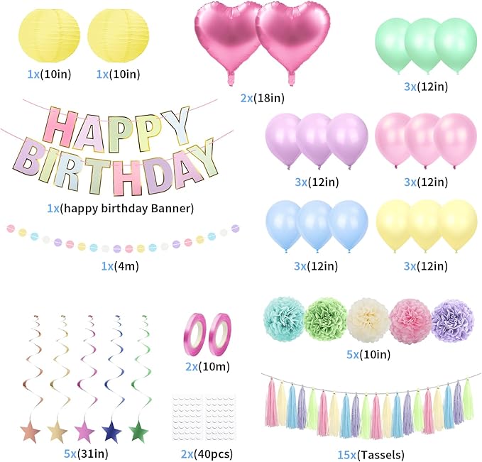 Pastel Rainbow Party Decorations - 50Pcs Pastel Birthday Decorations with Happy Birthday Banner, Balloons & Paper Pom Poms, Macaron Theme Party Supplies for Girls & Boys, Kids, Women