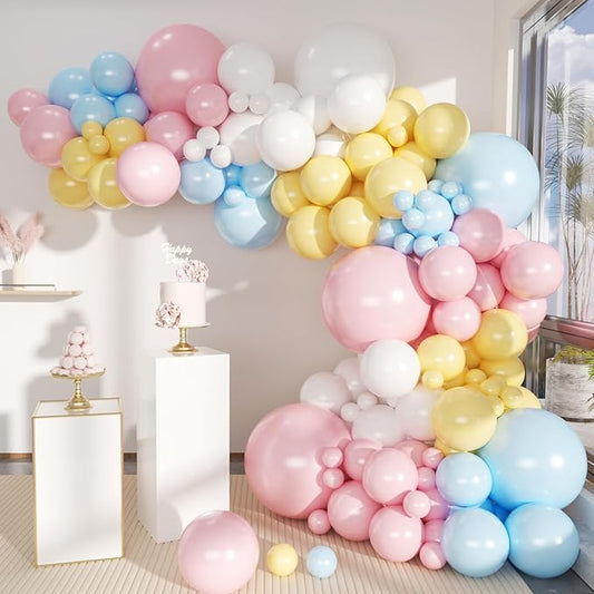 MEBAY Pastel Balloon Garland Arch Kit 146Pcs Macaron Pink Blue White Yellow Latex Balloons Different Sizes 18 12 10 5 Inch for Gender Reveal Baby Shower Wedding Birthday Party Decoration