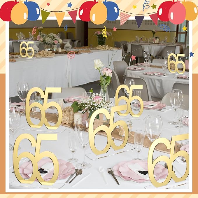 Threehoney 12 Pcs Mirror Gold 65th Birthday Decorations for Men and Women Acrylic Anniversary Decorations Table Numbers Centerpieces for Birthday Party