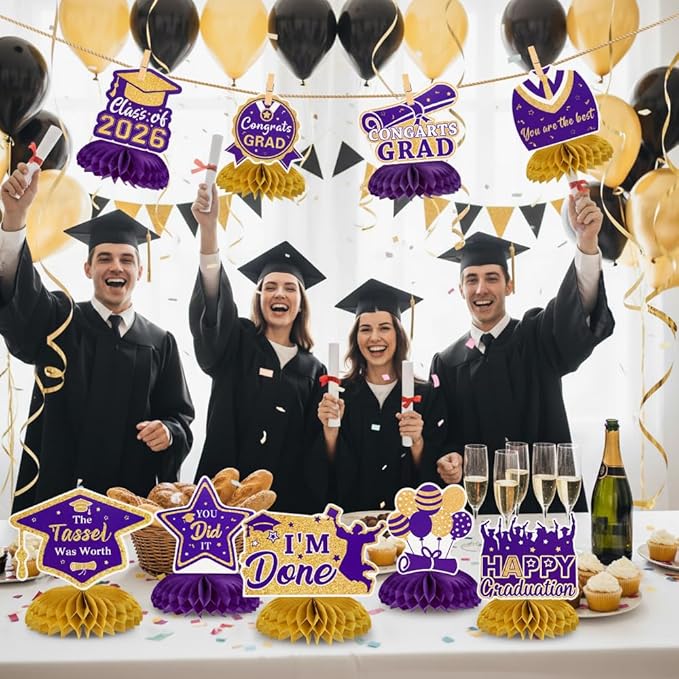 Graduation Decorations Class of 2026 Honeycomb Centerpieces, 9PCS Graduation Centerpieces for Tables, Congrats Grad Table Toppers for Middle High School College Graduation Decorations (Purple Gold)