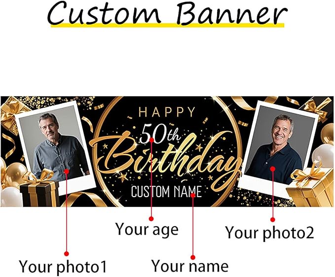 Dicodes Personalized Happy Birthday Banner with Name Custom Photos Birthday Photography Background Decorations Party Supplies for Women Men (Black and Gold-2 Photo)
