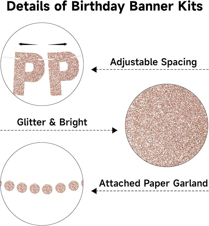 GCQQ Rose Gold Happy Birthday Banner - Glitter Pre-Strung 3M Pre-Strung Letter Garland + 2.5M Rose Gold Dot Garlands Woman Girls Birthday Party Banners Backdrop Decoration Supplies, No DIY