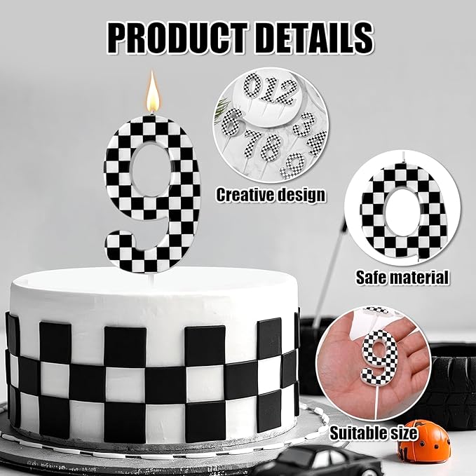 Racing Cars Themed Birthday Candle, Checkered Flag Number Candles Black and White Candles Happy Birthday Cake Topper Party Decorations for Boys Racing Cars Themed Party Supplies (Number 9)