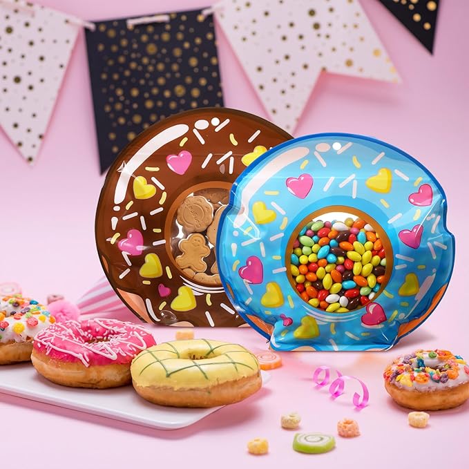 Resurhang 60 Pcs Donut Party Zipper Treat Bags Donut Food Goodie Gifts Bags Resealable Sweet Doughnut Party Snack Candy Containers for Kids Birthday Baby Shower Decorations Supplies