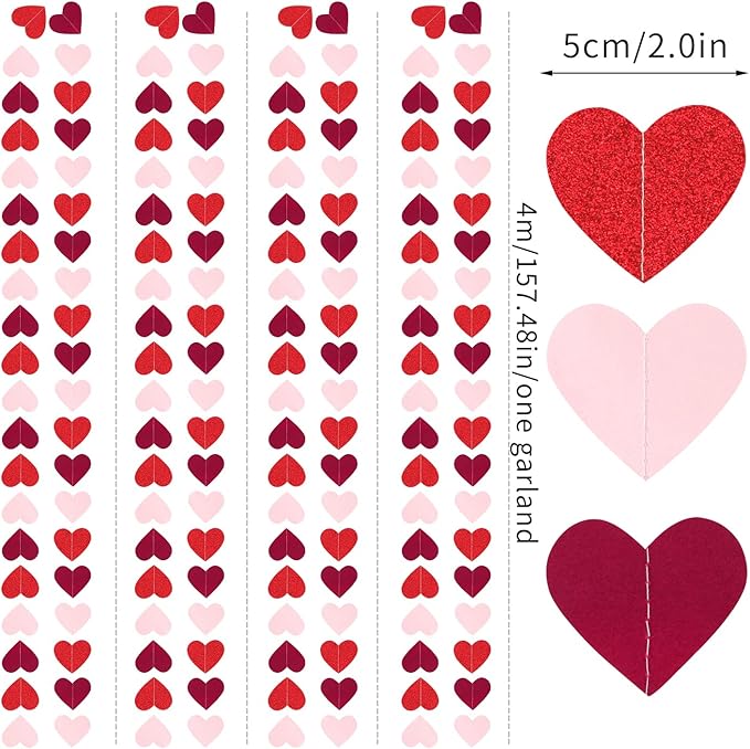 Burgundy-Red Light-Pink Valentines Party-Decorations Heart-Garland - 52ft Glitter Galentines Hanging Streamers Banner,Women Romantic Special Night Wedding Bachelorette Birthday Backdrop Decor Burgleda