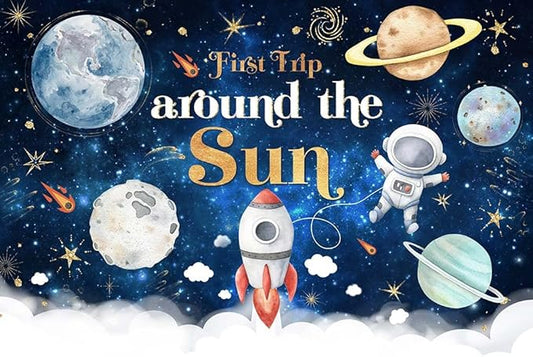 Mocsicka First Trip Around The Sun Birthday Backdrop for Boy Outer Space Galaxy Blast Off Moon Planets Rocket 1st Birthday Party Decoration Cake Table Banner(120''x96'')