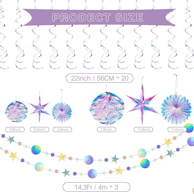 29 Pieces Iridescent Holographic Party Supplies Kit with Hanging Honeycomb Ball Decorative Paper Fan Snowflake Garlands White Star Hanging Swirl Decorations for Birthday Wedding Party Home