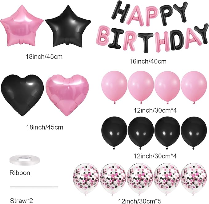 CANREVEL Happy Birthday Balloons Banner 16 Inch Mylar Foil Letters with Star & Heart Balloons Birthday Party Decorations for Men and Women - 30 Pcs Black Pink