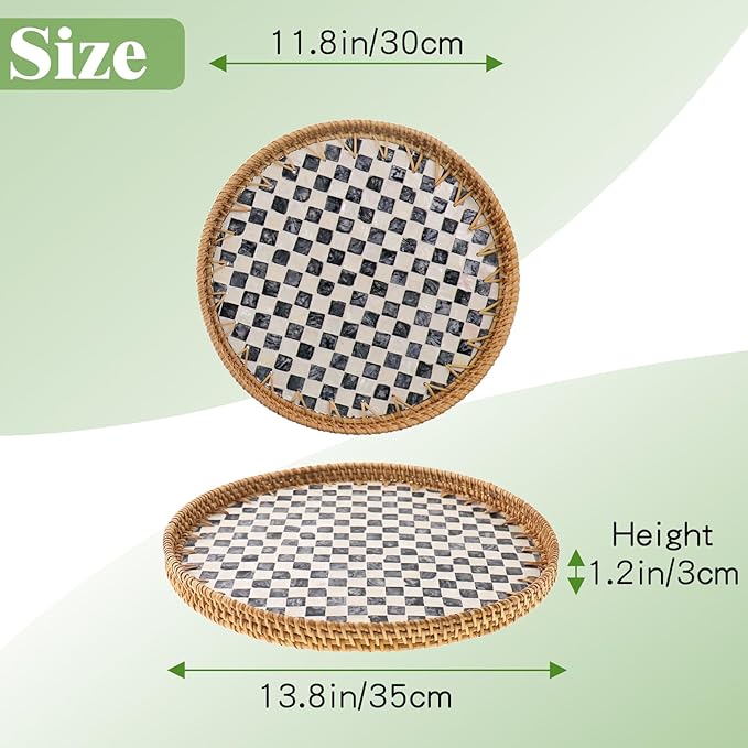 Round Rattan Tray with Mother of Pearl Inlay, Handwoven Wicker Coffee Table Serving Basket Tray for Fruit Snack Party Picnic Cafe Bedroom Kitchen Home Decor Set of 2 (Checkerboard)