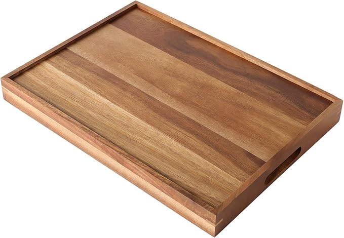 2 Pack Wood Serving Tray, 11.41 x 15.7 Inches Wooden Decorative Trays with Handles for Breakfast, Food, Drinks, Brown, Rectangle