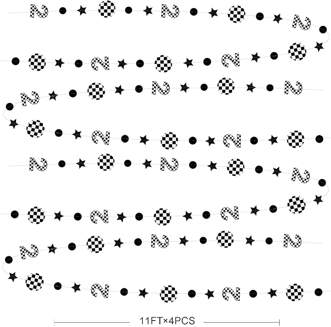 Two Fast Birthday Party Decorations Black & White Checkered 2nd Polka Dot Star Hanging Garland Banner for Checkered 2 Year Old Race Car 2 Fast 2 Curious Dirt Bike Birthday Decorations Supplies