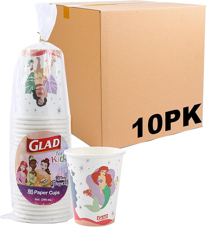 Glad for Kids Disney Princess Disposable Paper Cups for Bathroom Use and Parties, Heavy Duty Soak Proof Paper Cups for Kids, Colorful Princess Designs, 9 Ounce, 24 Count - 10 Pack