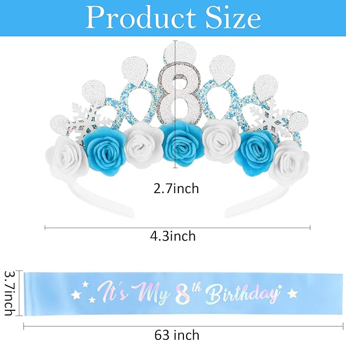 CUBACO 8th Birthday Crown Headband and Sash, 8 Year Old Girl Birthday Gifts for Blue Princess Crown, Frozen Party Decorations Favors for Girls Outfit