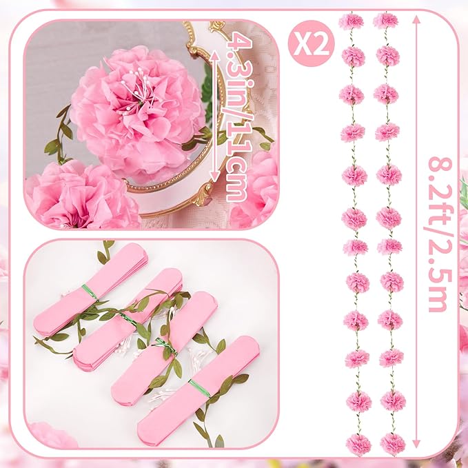 2PCS Pink Tissue Paper Pom Pom Garlands, Pink Party Decorations Tissue Paper Flowers Pom Pom with Green Leaves for Wedding Bridal Shower Party Decor