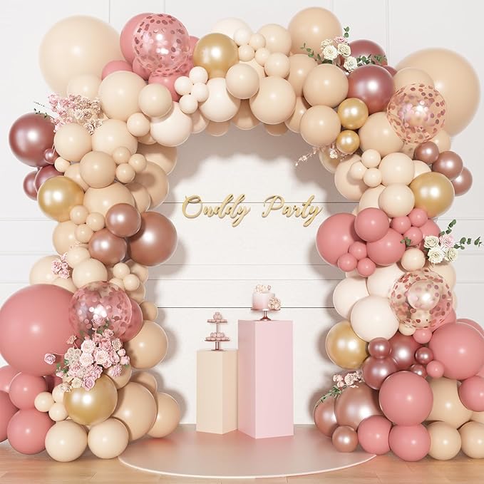 170Pcs Blush Dusty Rose Pink Balloons Garland Arch Kit, Boho Peach Rose Gold Neutral Confetti Balloons for Girls Women Bridal Baby Shower Wedding Engagement Birthday Party Decorations