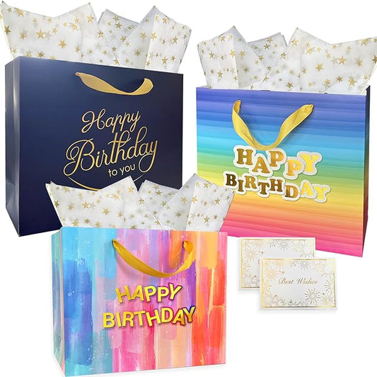 AMROSE 3 Pack Large 13’’ Birthday Gift Bags with Card and Tissue Paper, Recyclable Paper Gift Bag for Birthdays and More, Multicolors