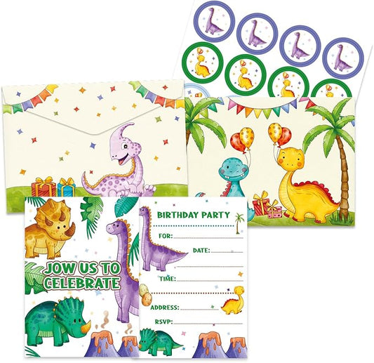 Dinosaur Birthday Party Invitation Kit – 12 Invitation Cards, 12 Envelopes & 12 Seals | Kids Dinosaur Theme Birthday Invitations | Party Supplies for Boys & Girls