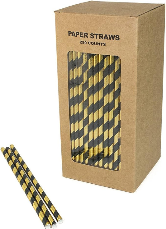 Black Gold Foil Striped Paper Straws Bulk, Paper Drinking Straws for Wedding 1st Birthday Party Holiday Graduation New Year Eve, Cake Pop Sticks (Black Gold Foil Stripe, 250)