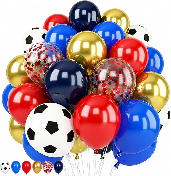 Soccer Balloons, 12Inch Blue Red Gold Soccer Printed Latex Balloons, Navy Royal Blue Red and Metallic Gold Helium Balloon with Confetti Balloon for Sport Football Theme Boy Men Birthday Party Decor