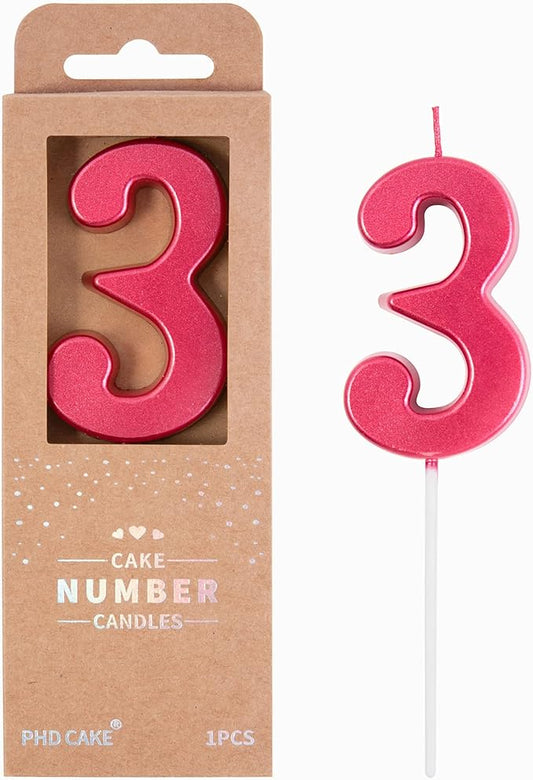 PHD CAKE 2.76 Inch Modern Red 3 Number Birthday Candles, Cake Candles for Party Celebration
