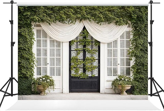 Kate 1010ft Spring Vine Leaf White Door Backdrop - Photography & Portrait Studio Background for Wedding, Bridal, Baby, Birthday Party Decoration