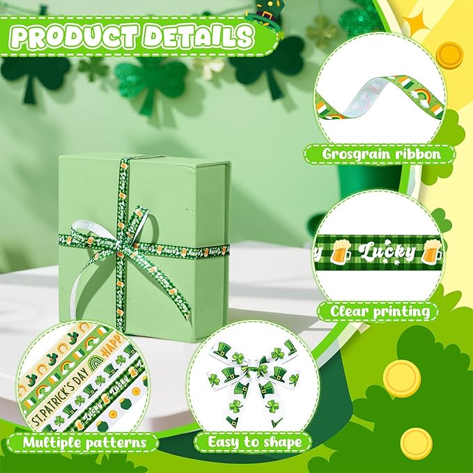 6 Roll Saint Patrick's Decor Ribbons, 3/8 Inch x 30 Yard Green Hat Clover Grosgrain Ribbon, Coin St. Patrick's Day Craft Ribbon for Gifts Wrapping Wreath DIY Bows Making Party Decoration