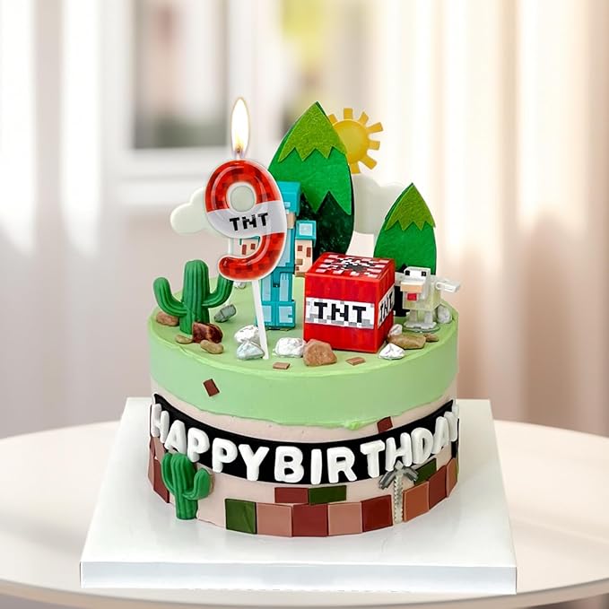 TNT Themed Birthday Candles for Boys Girls, Craft Pixels Cake Topper,Number 12 TNT Cake Toppers，Pixel Birthday Cake Candle,Kids Themed Birthday Party Supplies (Number 12)