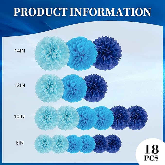 18 PCS Tissue Paper Pom Poms Flowers, Sizes 6", 10", 12", 14" Hanging Paper Flower Ball for Wedding, Birthday, Halloween, Christmas, Baby Shower Party Decor (Blue Royal Blue)