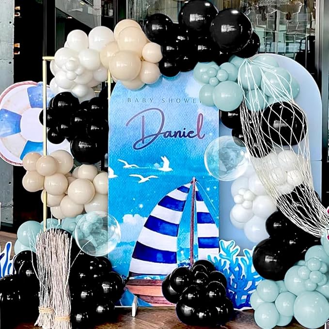 Macaron Blue and Black Balloons Arch Kit & Garland, 151Pcs Light Blue Black Bobo Different Size 18 12 10 5 inch for Boss Baby, Graduation, Birthday, Gaming Party Decorations