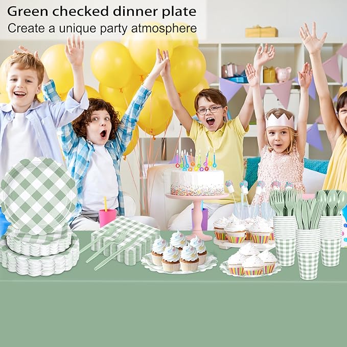 QISOLIY 350Pcs Green Gingham Party Supplies Gingham Plates and Napkins, Green and White Checkered Disposable Plates Set for Dinner Birthday Baby Shower Wedding Picnic Supplies Serve 50 Guest