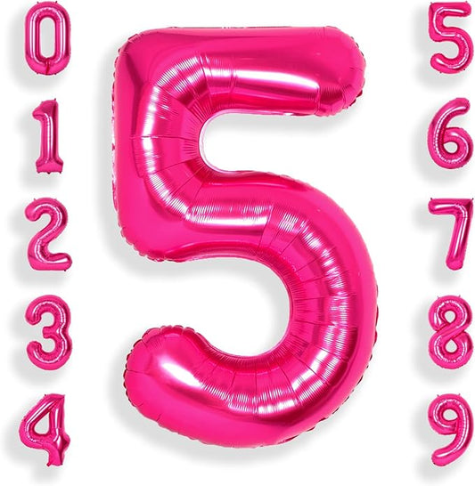 SUWEN 40 Inch Hot Pink Large 5 Number Balloons Big Foil Helium Number Balloons 0-9 Jumbo Happy 5th Mylar Birthday Party Decorations for Girl Anniversary Party Supplies
